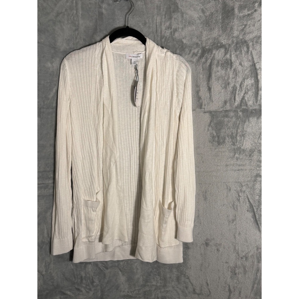 Liz Claiborne Womens cream White Ribbed Open Front Cardigan Petite Large PL 
NEW